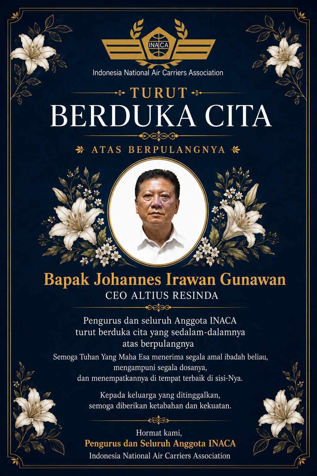 INACA Turut Berduka Cita atas Berpulangnya Bapak Johannes Irawan Gunawan